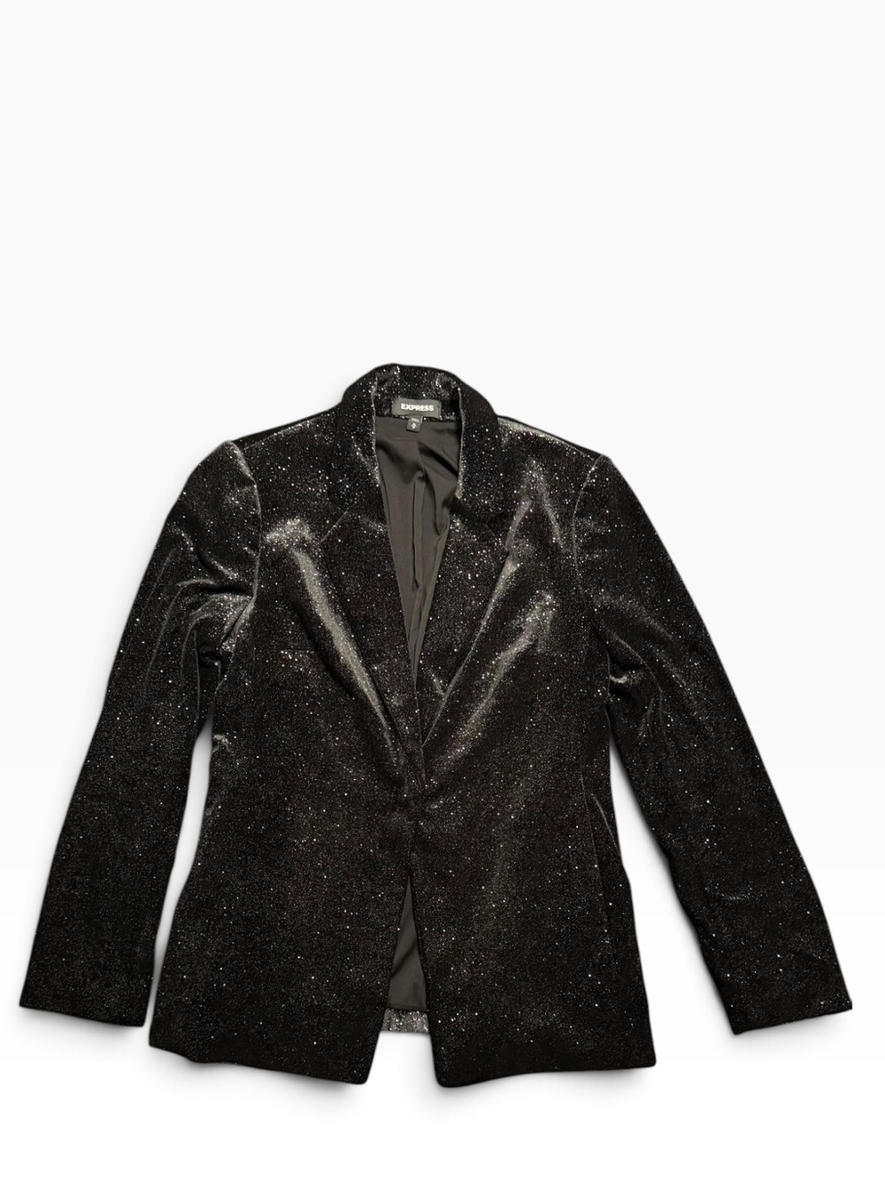 Express Women’s Black Sequin Bling Boyfriend Tuxedo Blazer Jacket Size Medium